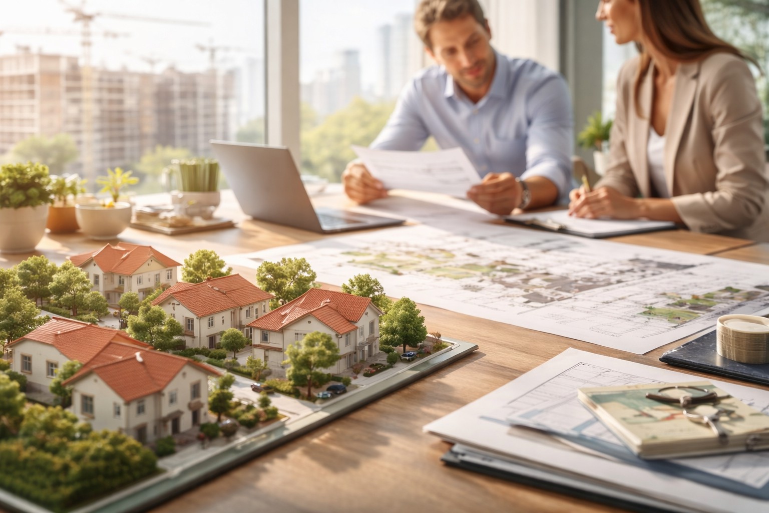 Real estate development planning scene with residential housing models, project blueprints, and professionals reviewing property documents in a bright modern office.