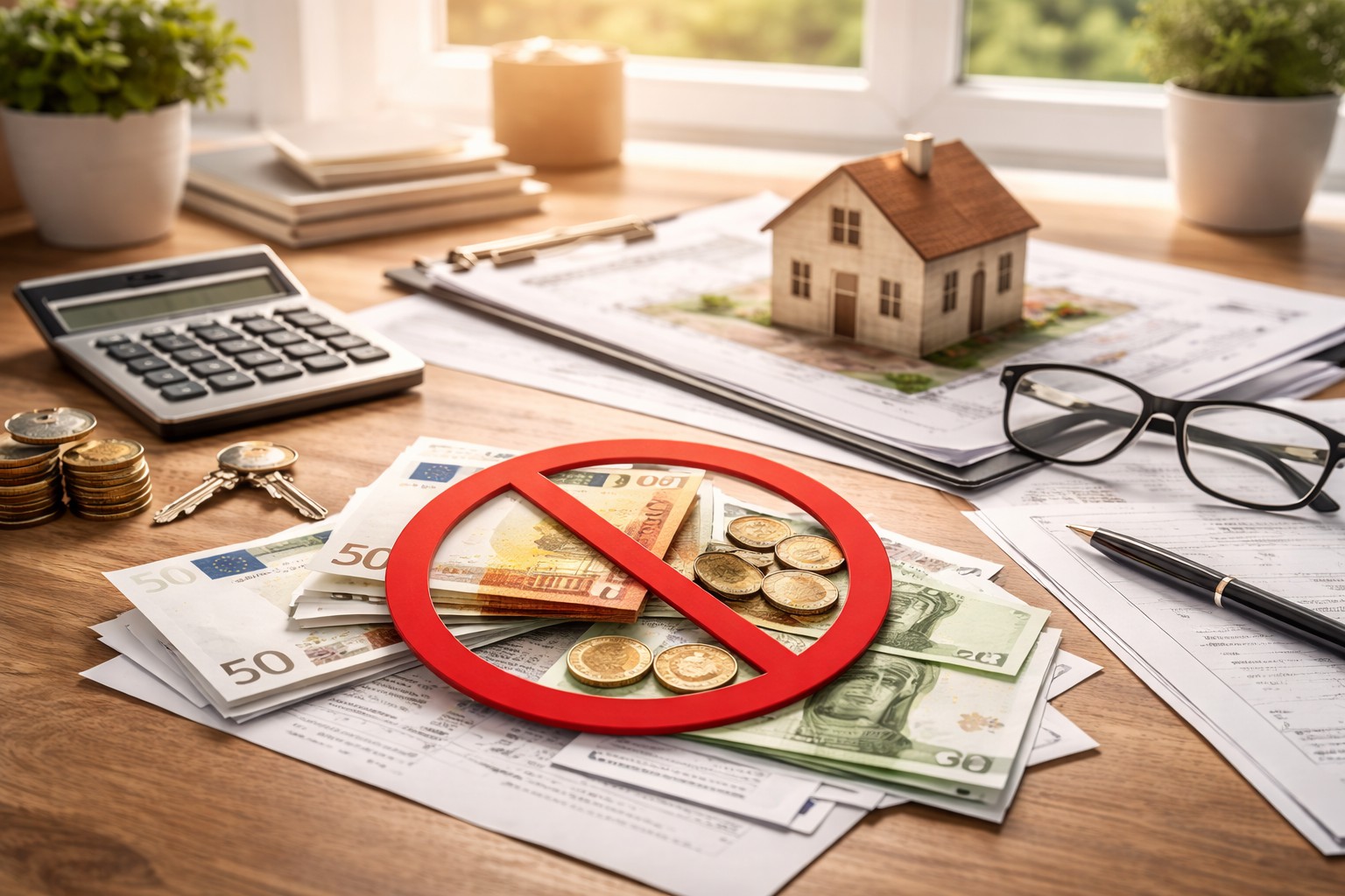 Real estate documents, house model, calculator, and euro currency crossed with a prohibition symbol on a desk, showing that property platforms are not banks or guaranteed investment programs.