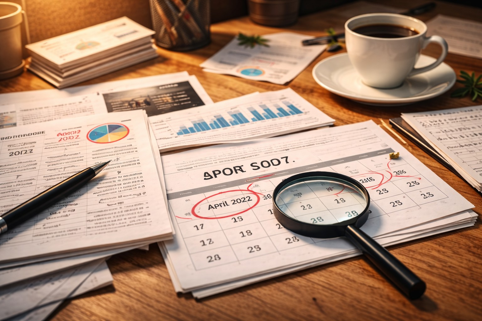 A realistic desk scene with calendars, research papers, charts, and a magnifying glass highlighting April 2022, representing the importance of accurate game release dates and timeline verification.