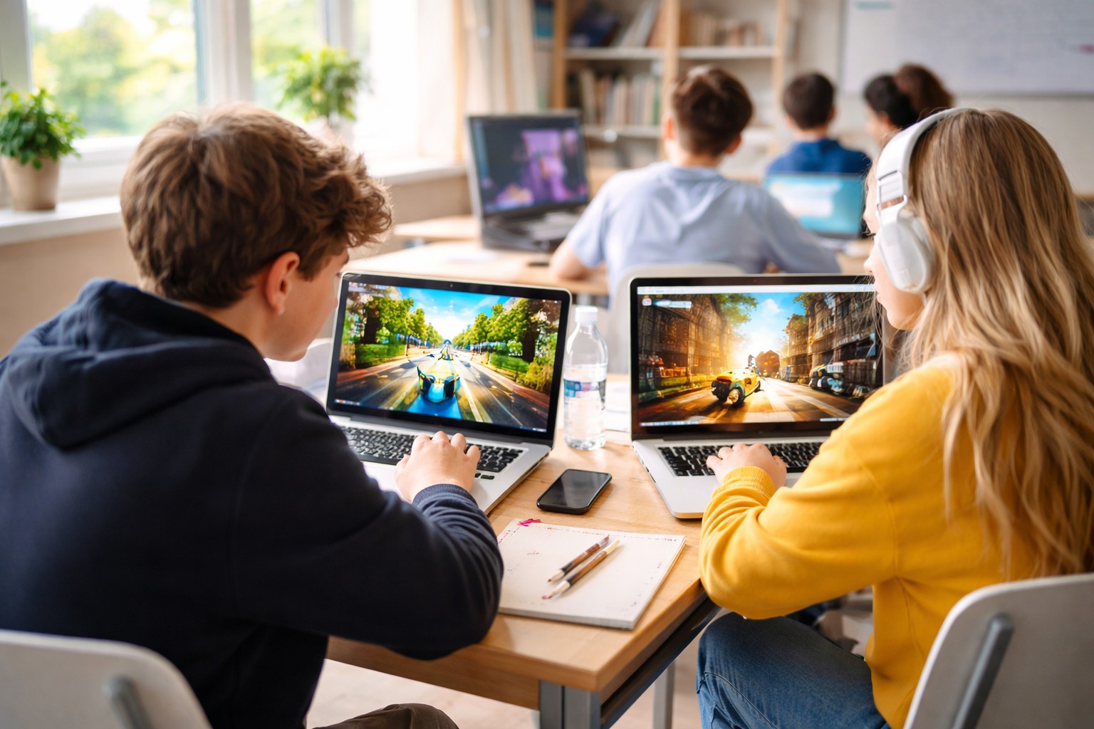 Students playing browser-based games on school laptops during break time in a classroom setting, showing why unblocked games Freezenova attract students.