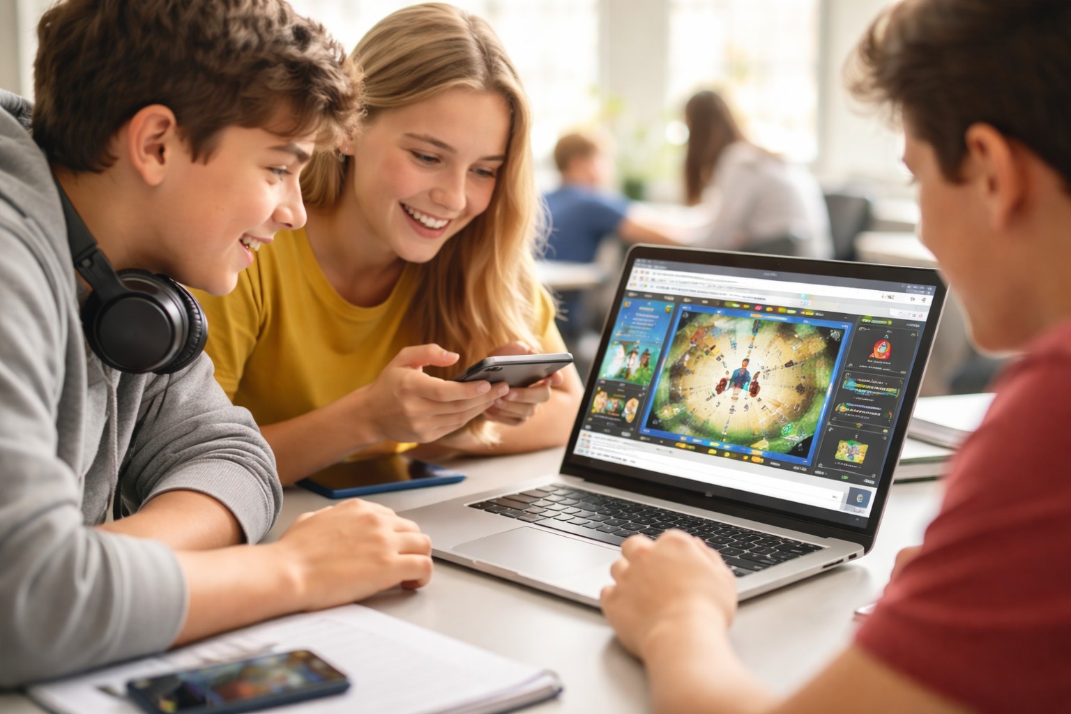 Students playing a browser-based online game on a laptop in a classroom, showing how simple access and fast loading make sites like Syces Game Shack popular.