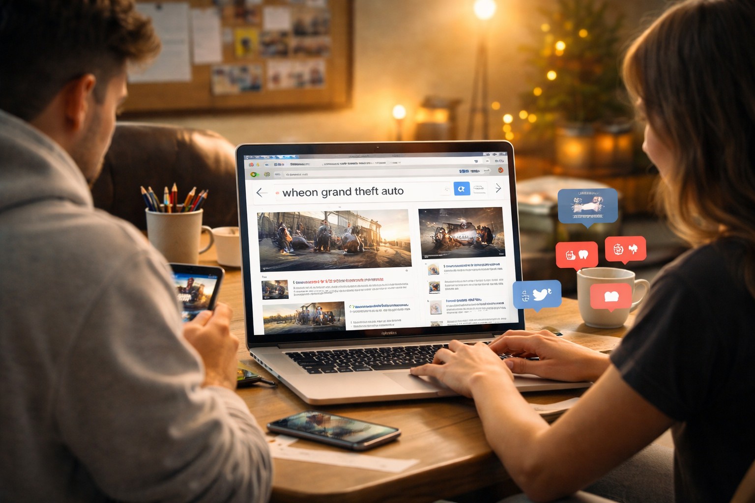 Gamers browsing laptops and phones with trending Grand Theft Auto searches as online posts and social activity drive search interest.